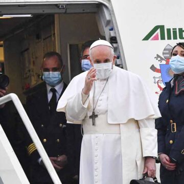 Pope Francis lands in Baghdad on the first-ever papal visit